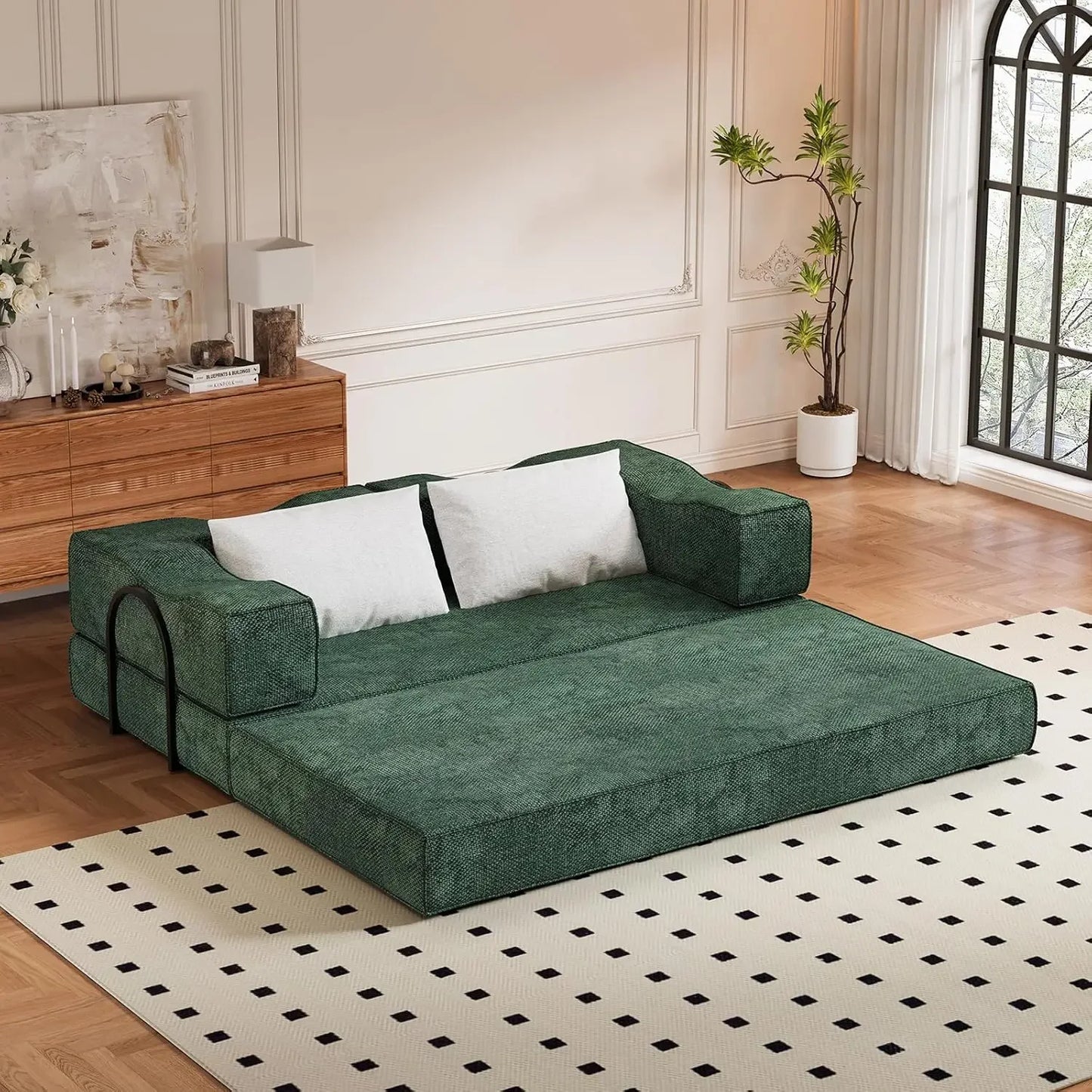 Folding Sofa Bed, 80 Inch Convertible Sofa Bed, with 2 Pillows, Folding Sofa, Foam Spring Floor Mattress