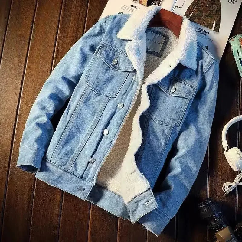 Winter Vintage Fleece-lined Denim Jacket Trendy Cotton-padded Coat
