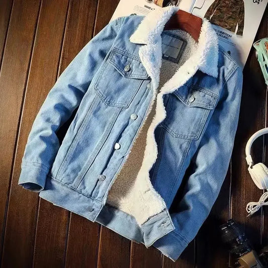 Winter Vintage Fleece-lined Denim Jacket Trendy Cotton-padded Coat