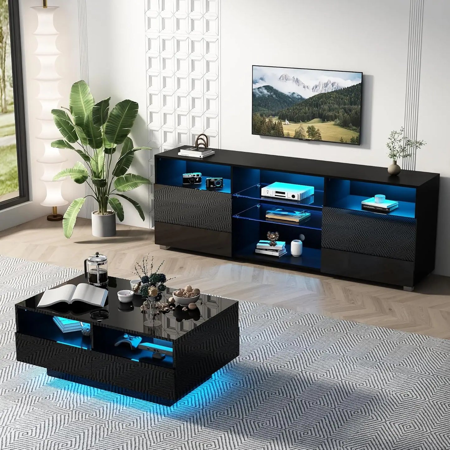 LED TV Stand for 60/65 inch TV Television Table Center Media Console with Drawer and Led Lights High Glossy Modern Entertainment