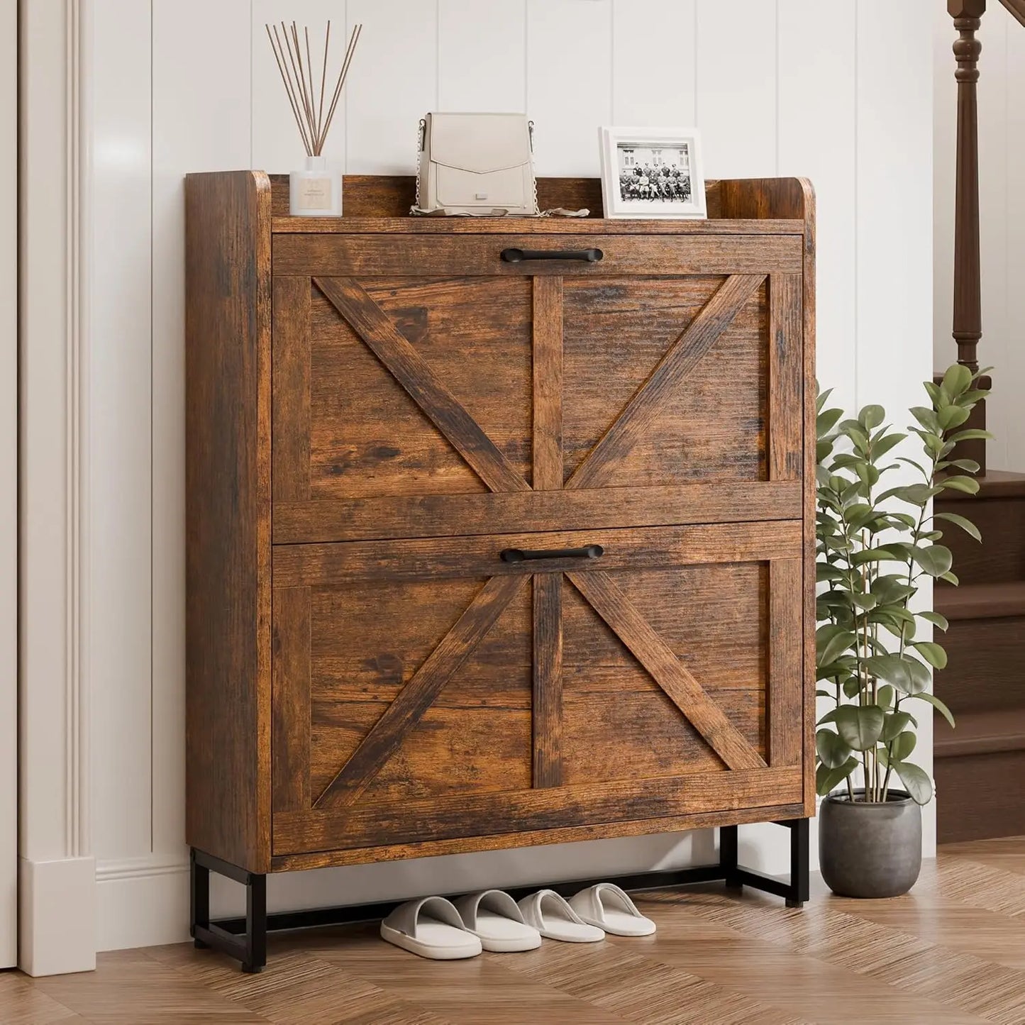 Shoe Storage Cabinet with 2 Flip Drawers, Freestanding Shoe Rack Cabinet with Metal Legs, Hidden Shoe Organizer Cabinet