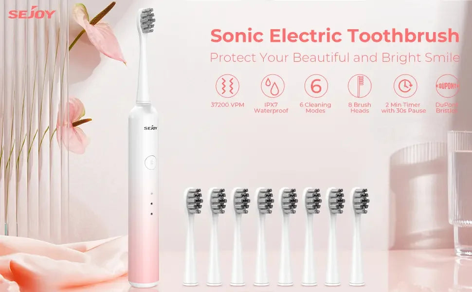 SEJOY Sonic Electric Toothbrush Rechargeable Power 8 Brush Heads 5 Modes Timer