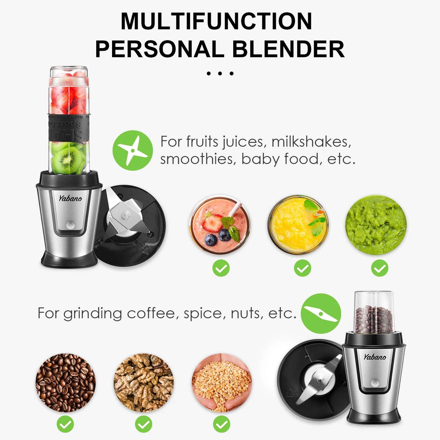 Personal Blender with 2 x 20oz Travel Bottle and Coffee/Spices Jar, Portable Smoothie Blender and Coffee Grinder in One