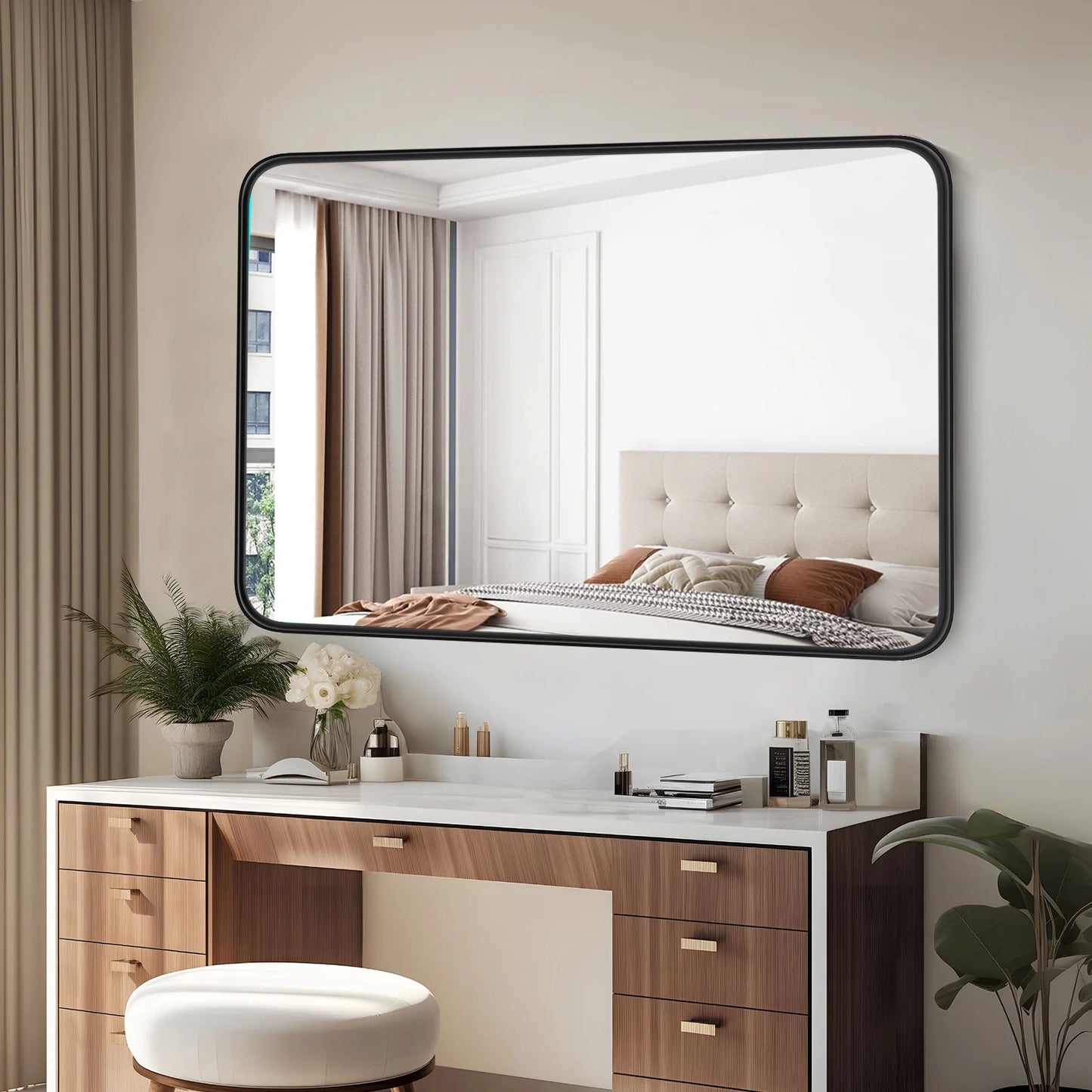 JHK Large Rectangle Vanity Framed Mirror for Wall Matte Metal Framed 30x40 Inch Modern Mirror Tempered Glass For Living Room