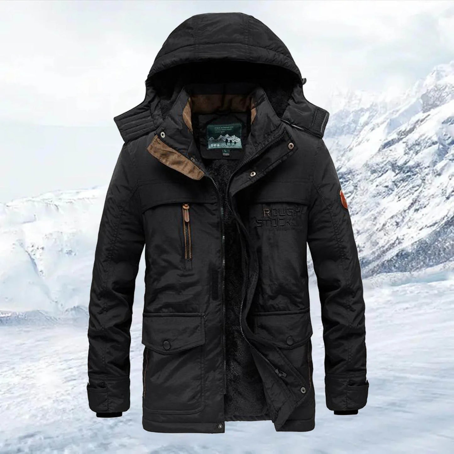 Men's Winter Black Warm Thicekn Parkas Outdoor Sport Camping Hiking Climbing Fleece Lined Tactical Jackets Multi-Pocket Outwears
