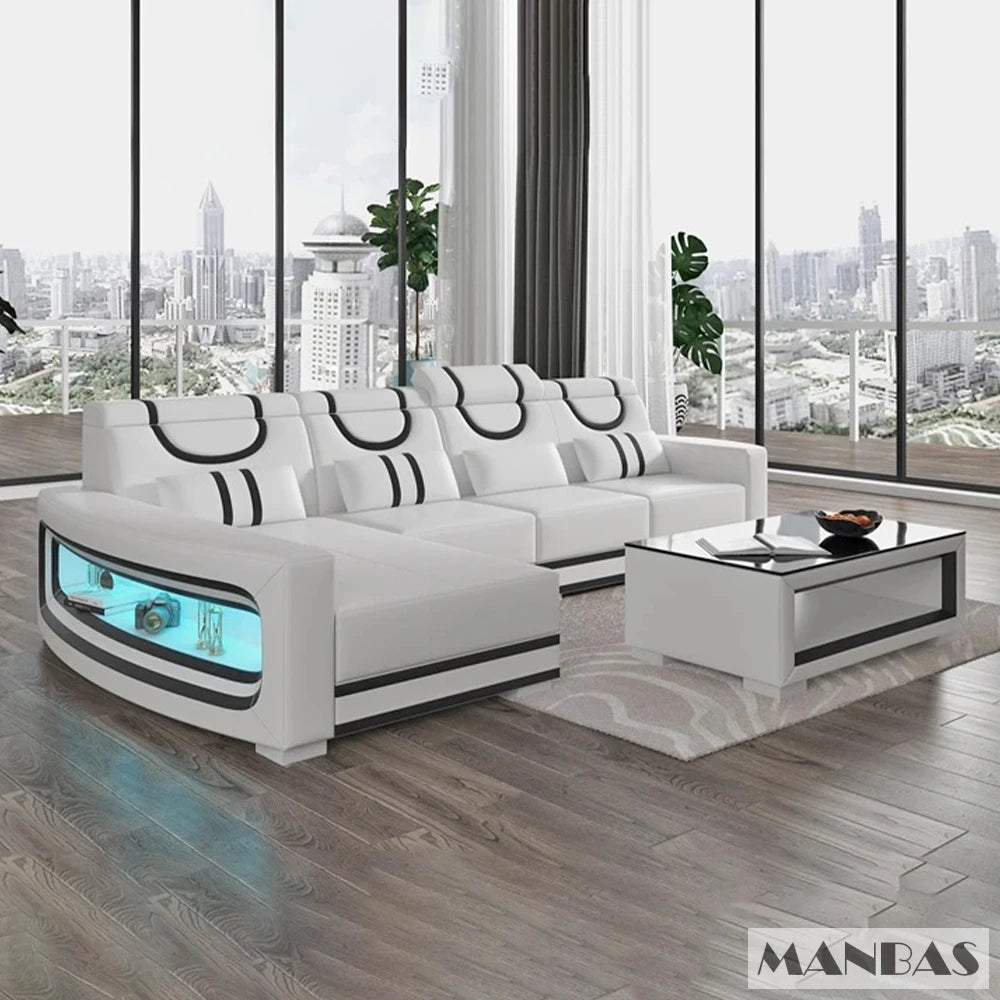 MANBAS Italian Genuine Leather Sofa - 2 Colors Combination, LED Light & Soft Cushions