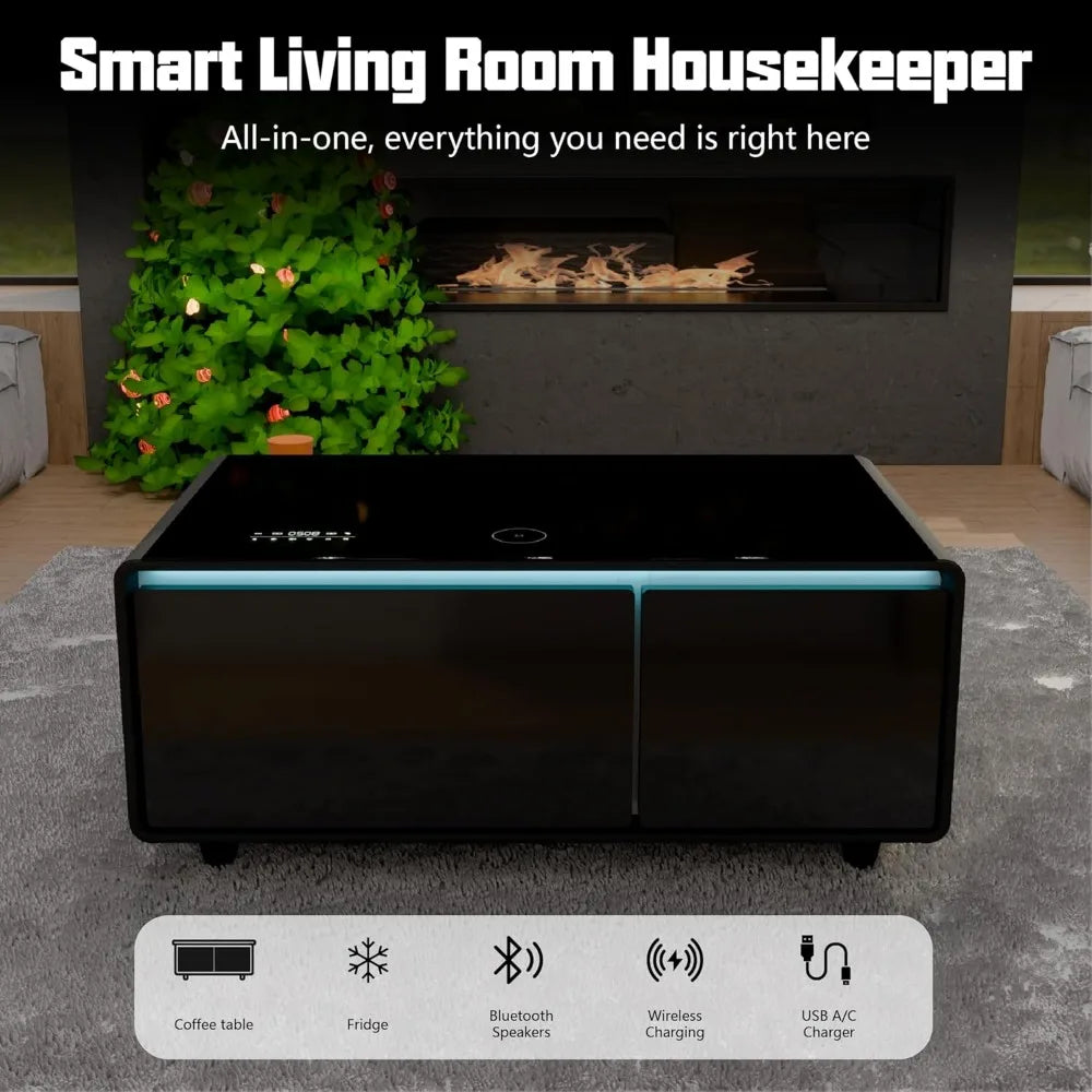 Smart Coffee Table, Living Room Table with Built in Fridge, , 15W Wireless Charging, USB Chargers and Speakers
