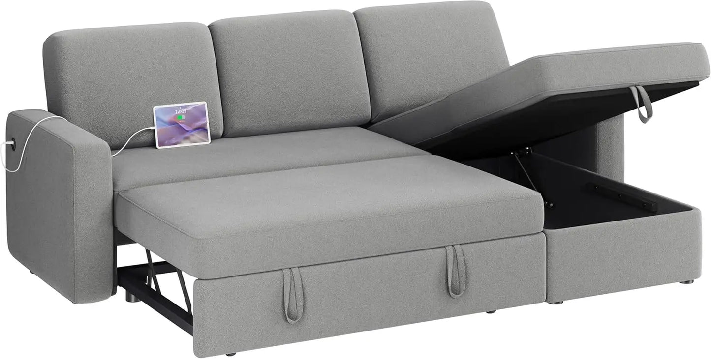 Sectional Sofa L-Shaped Sofa Couch Bed w/Chaise & USB, Reversible Couch Sleeper w/Pull Out Bed & Storage Space, 4-seat Fabric