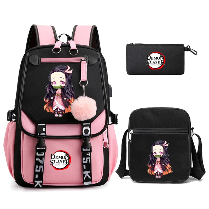 3Pcs Kamado Nezuko Demon Slayer Backpacks Set for Girls Anime School Bag Teenager Student Canvas Laptop Back Pack Women Rucksack