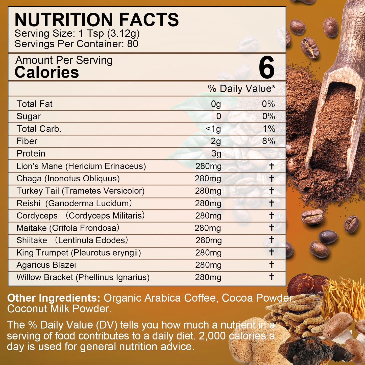 Mushroom Coffee Supplement 10 Mushroom Blend- Lion's Mane, Chaga, Cordyceps, Ashwagandha, L-Theanine for Energy, Focus, Memory