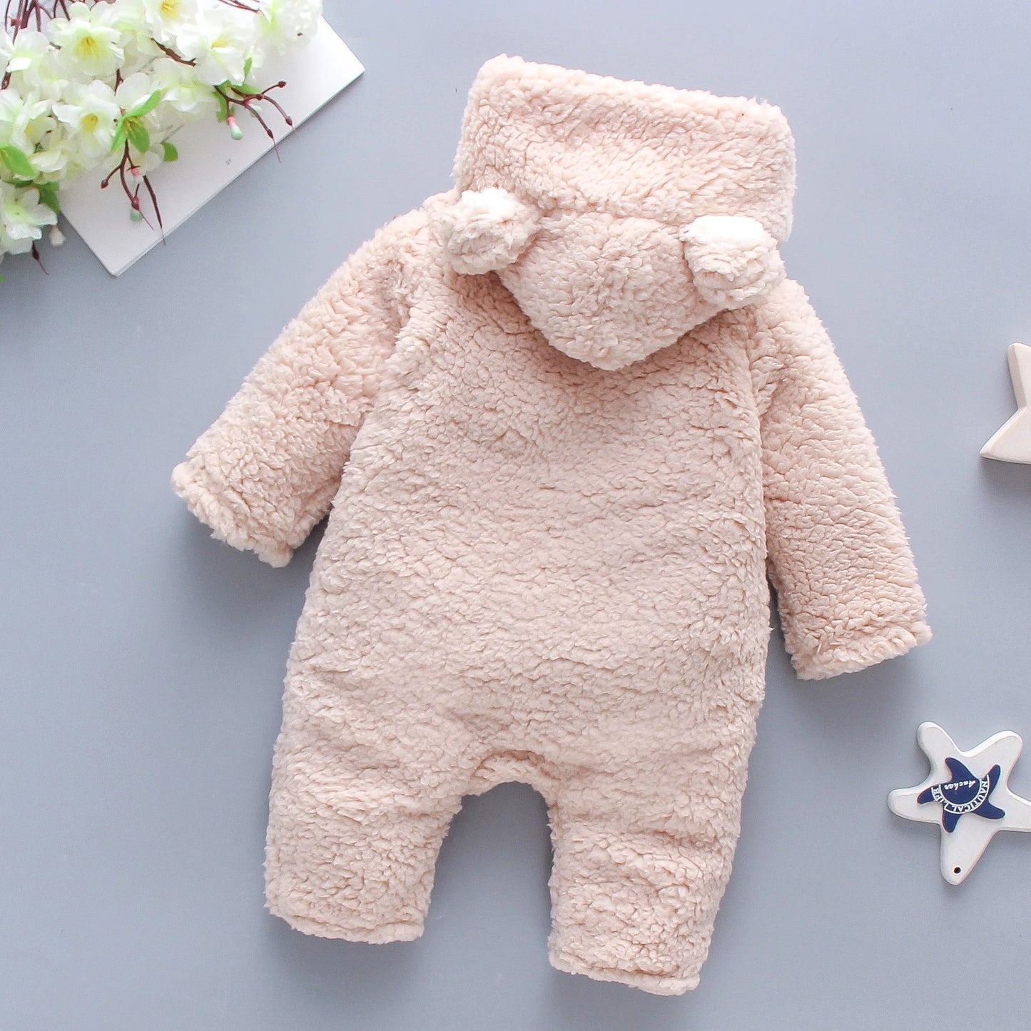 Lamb hair cartoon bear embroidered baby jumpsuit winter new girl baby long sleeved crawling suit thickened girl