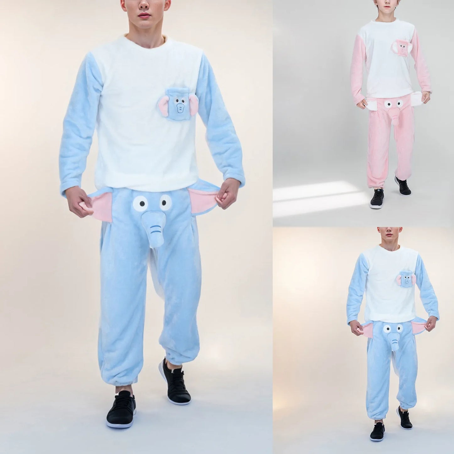 Funny Cartoon Men's Pajama Suits Couple Novelty Animal Elephant Ear Trunk Plush Long Sleeve Couple Clothes+Trousers Prank Gift