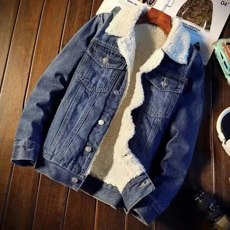 Winter Vintage Fleece-lined Denim Jacket Trendy Cotton-padded Coat