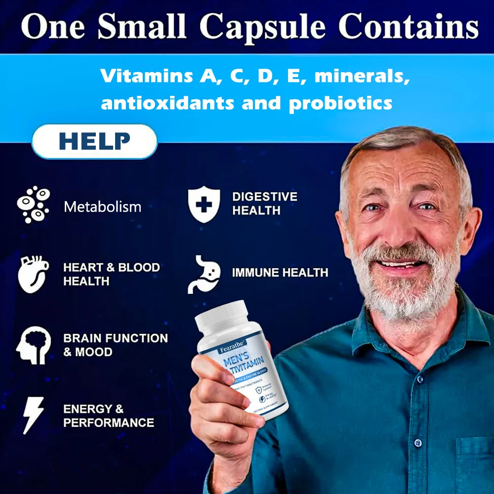 Men's Multivitamin Supplement - Contains Vitamin C D3 B12 Minerals, Probiotics for Muscle, Immune Health, Antioxidants