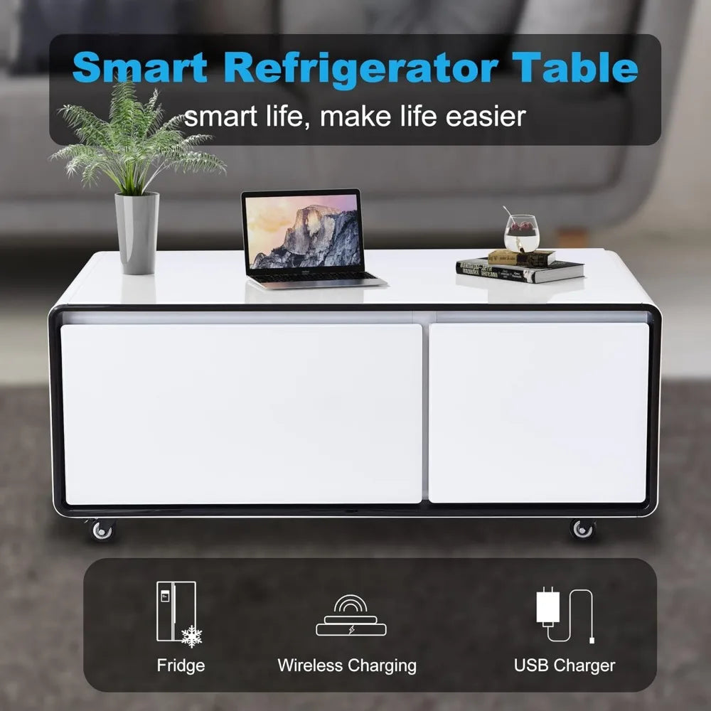 Smart Coffee Table with Fridge, 90L Smart Table with Built in Fridge, Wireless Charger, USB Port, for Living Room Reception Room