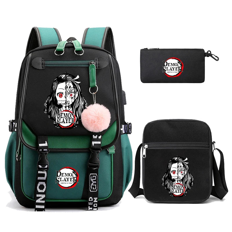 3Pcs Kamado Nezuko Demon Slayer Backpacks Set for Girls Anime School Bag Teenager Student Canvas Laptop Back Pack Women Rucksack