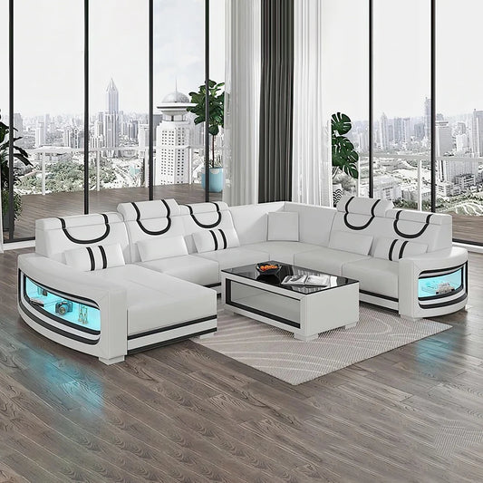 MANBAS Italian Genuine Leather Sofa - 2 Colors Combination, LED Light & Soft Cushions
