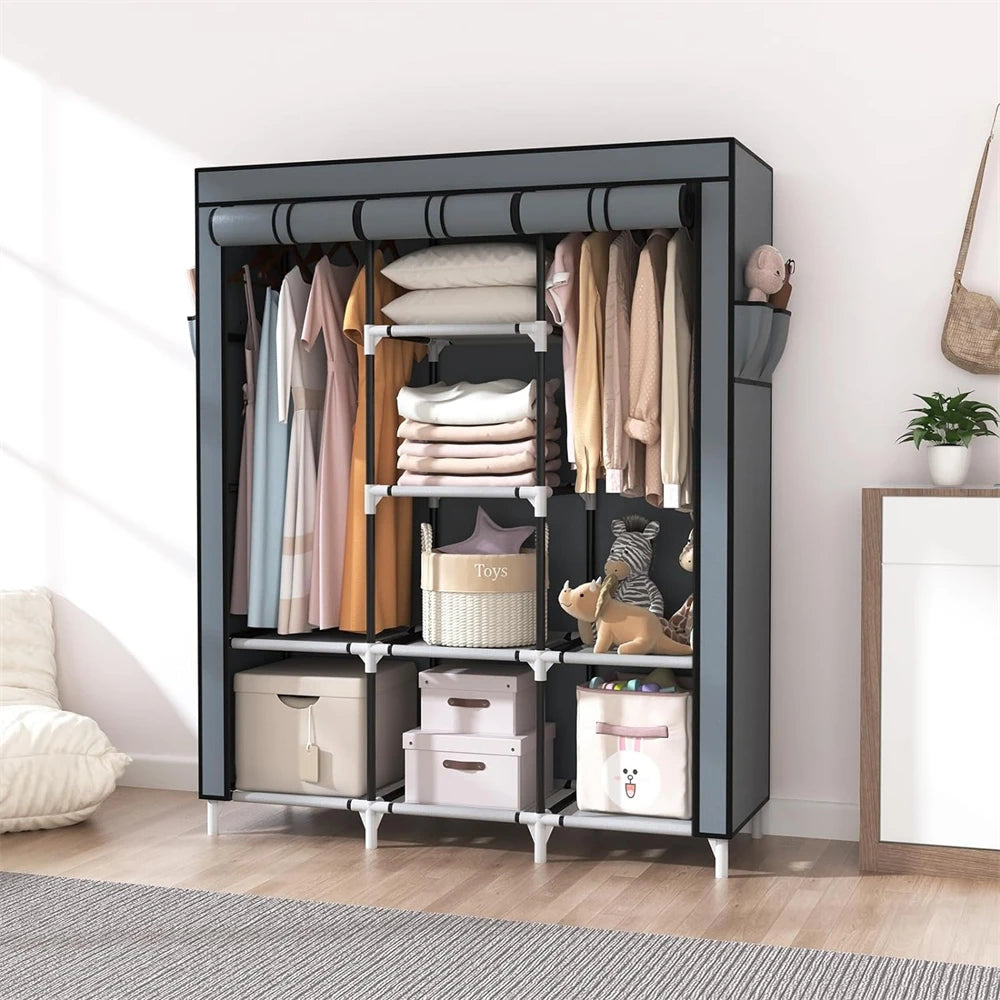 Portable Large Clothes Organizer with 6 Storage Shelves, 2 Hanging Sections 4 Side Pockets