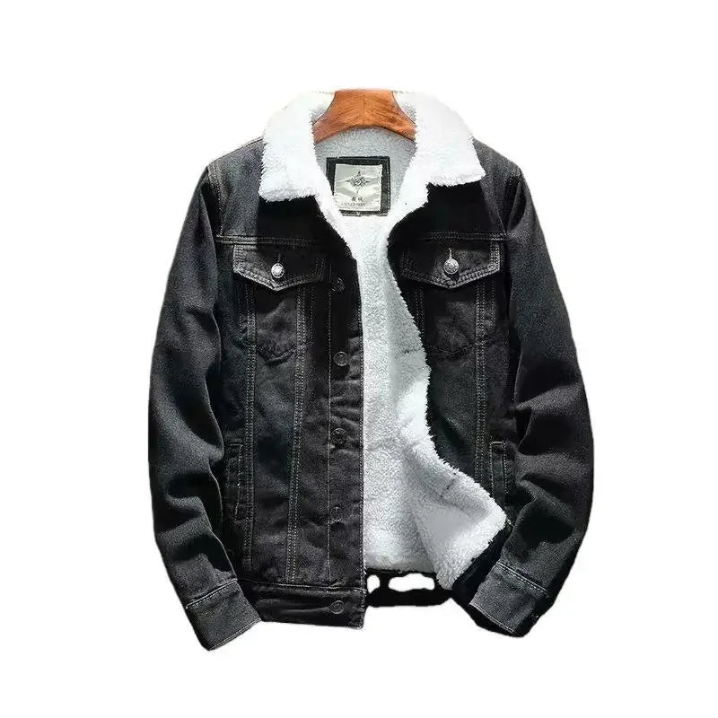 Winter Vintage Fleece-lined Denim Jacket Trendy Cotton-padded Coat