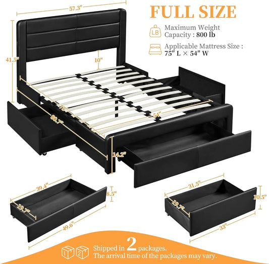 Full Size Bed Frame with 2 USB Charging Stations/Port for Type A&Type C/3 Storage Drawers Leather Upholstered Platform Bed