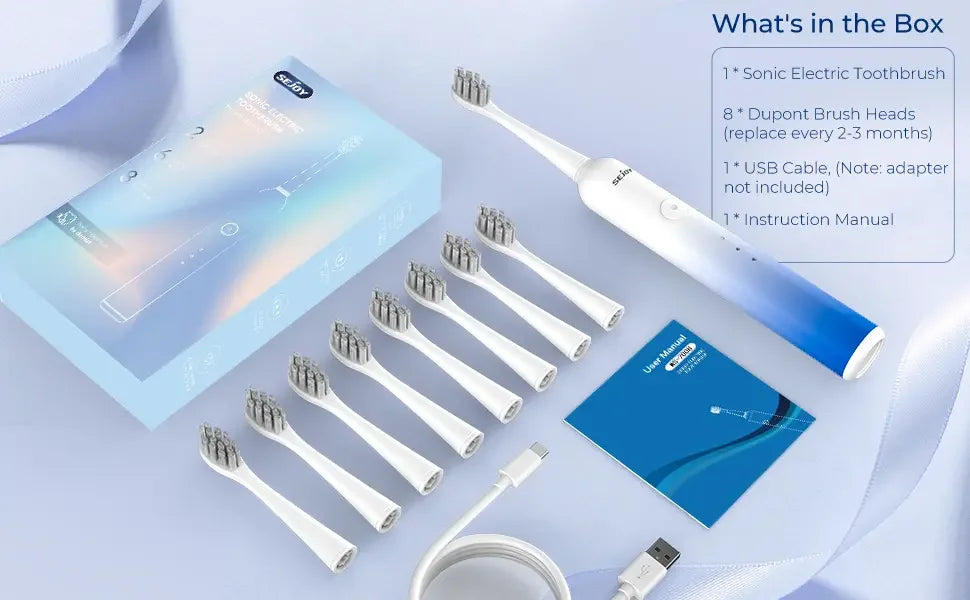 SEJOY Sonic Electric Toothbrush Rechargeable Power 8 Brush Heads 5 Modes Timer