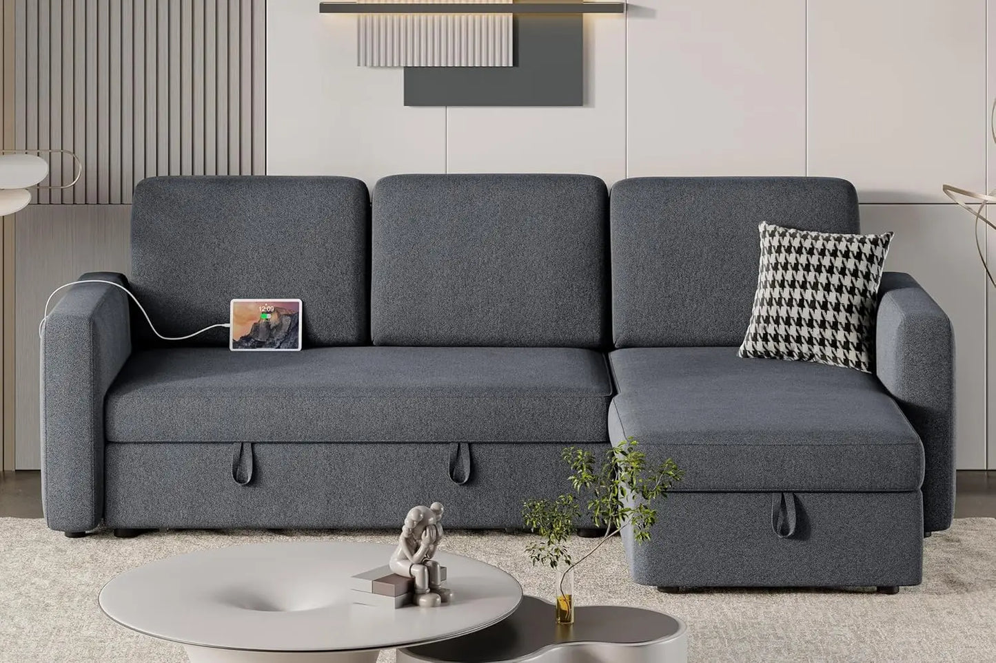 Sectional Sofa L-Shaped Sofa Couch Bed w/Chaise & USB, Reversible Couch Sleeper w/Pull Out Bed & Storage Space, 4-seat Fabric