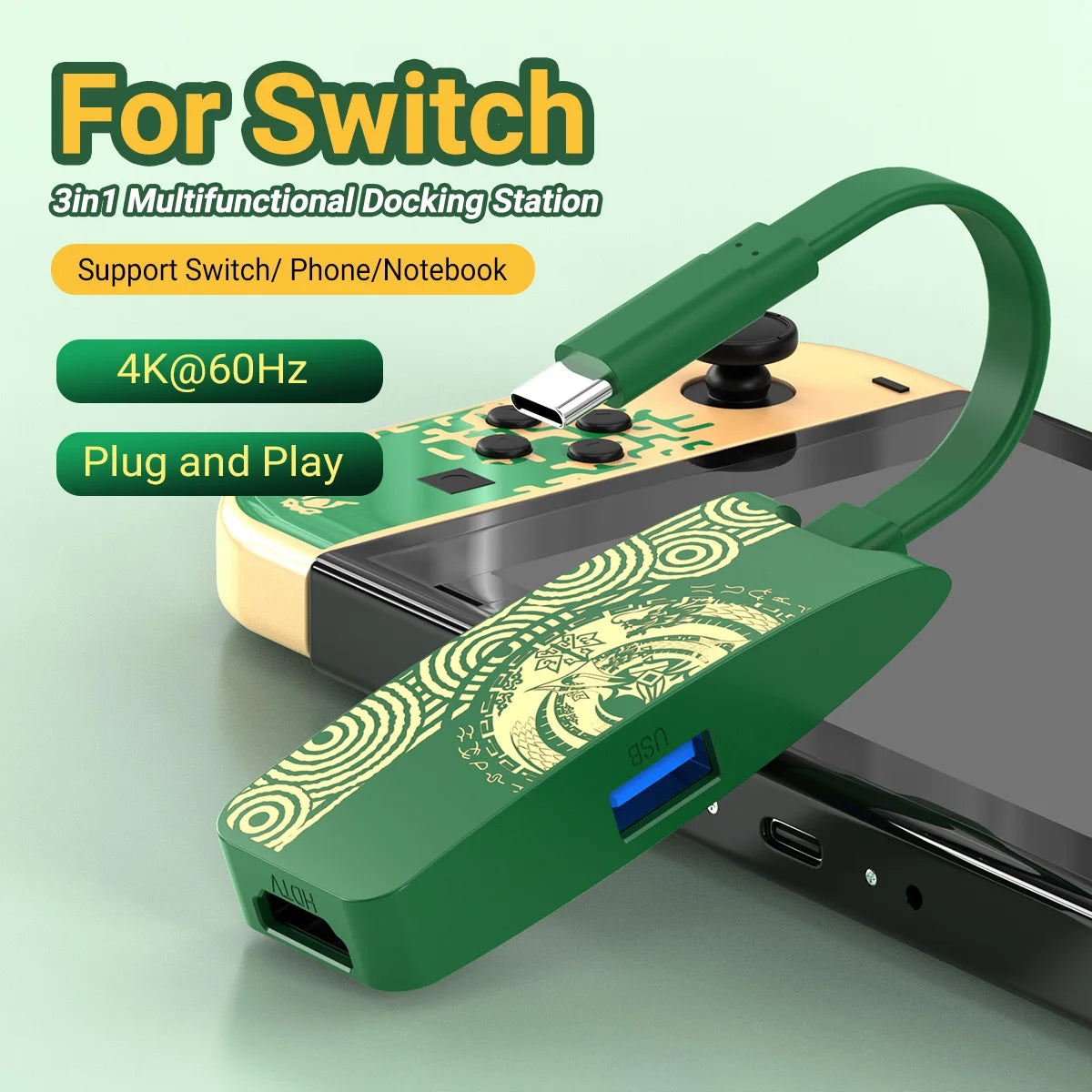 2pack 3-in-1 4K@60Hz HDMI Switch Docking Station for TV with USB 2.0 Port PD 100W Charging,Hub For Tears of Kingdom Switch Dock