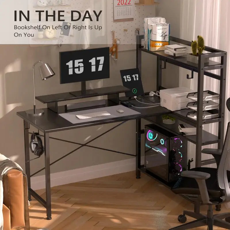 Computer desk Gaming desk with shelves, L-shaped corner  55' Reversible  with charging connection,integrated socket