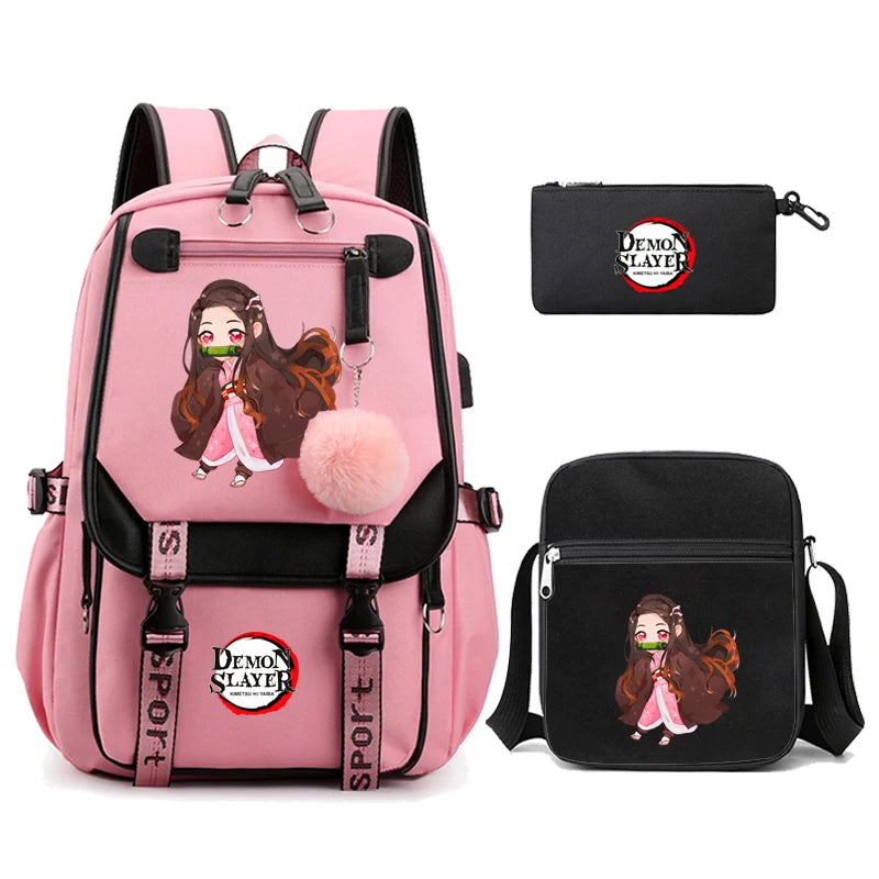 3Pcs Kamado Nezuko Demon Slayer Backpacks Set for Girls Anime School Bag Teenager Student Canvas Laptop Back Pack Women Rucksack