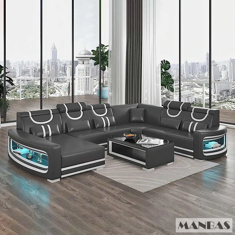 MANBAS Italian Genuine Leather Sofa - 2 Colors Combination, LED Light & Soft Cushions