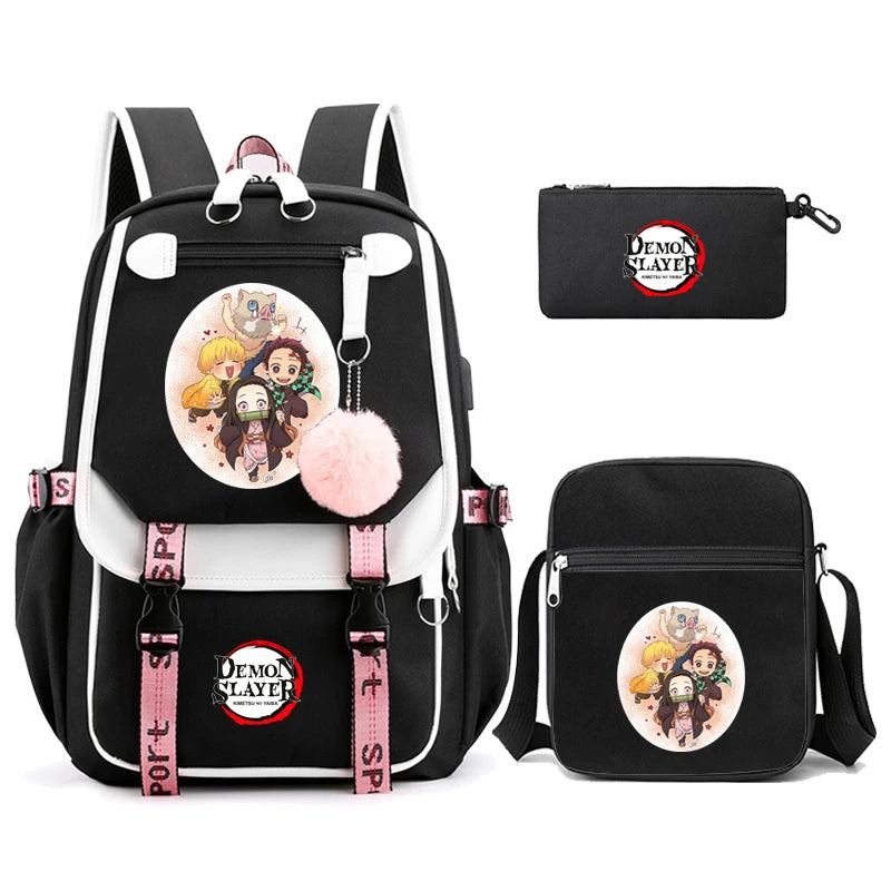 3Pcs Kamado Nezuko Demon Slayer Backpacks Set for Girls Anime School Bag Teenager Student Canvas Laptop Back Pack Women Rucksack