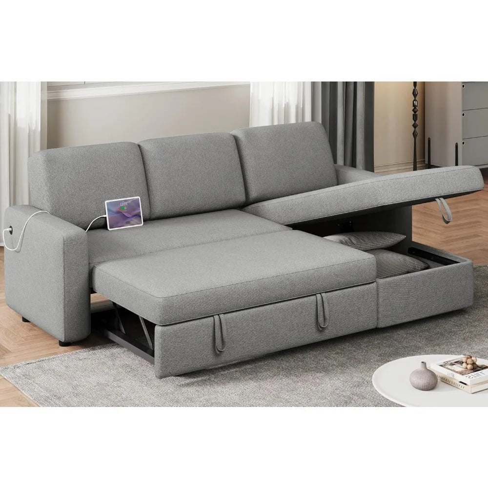 Sectional Sofa L-Shaped Sofa Couch Bed w/Chaise & USB, Reversible Couch Sleeper w/Pull Out Bed & Storage Space, 4-seat Fabric