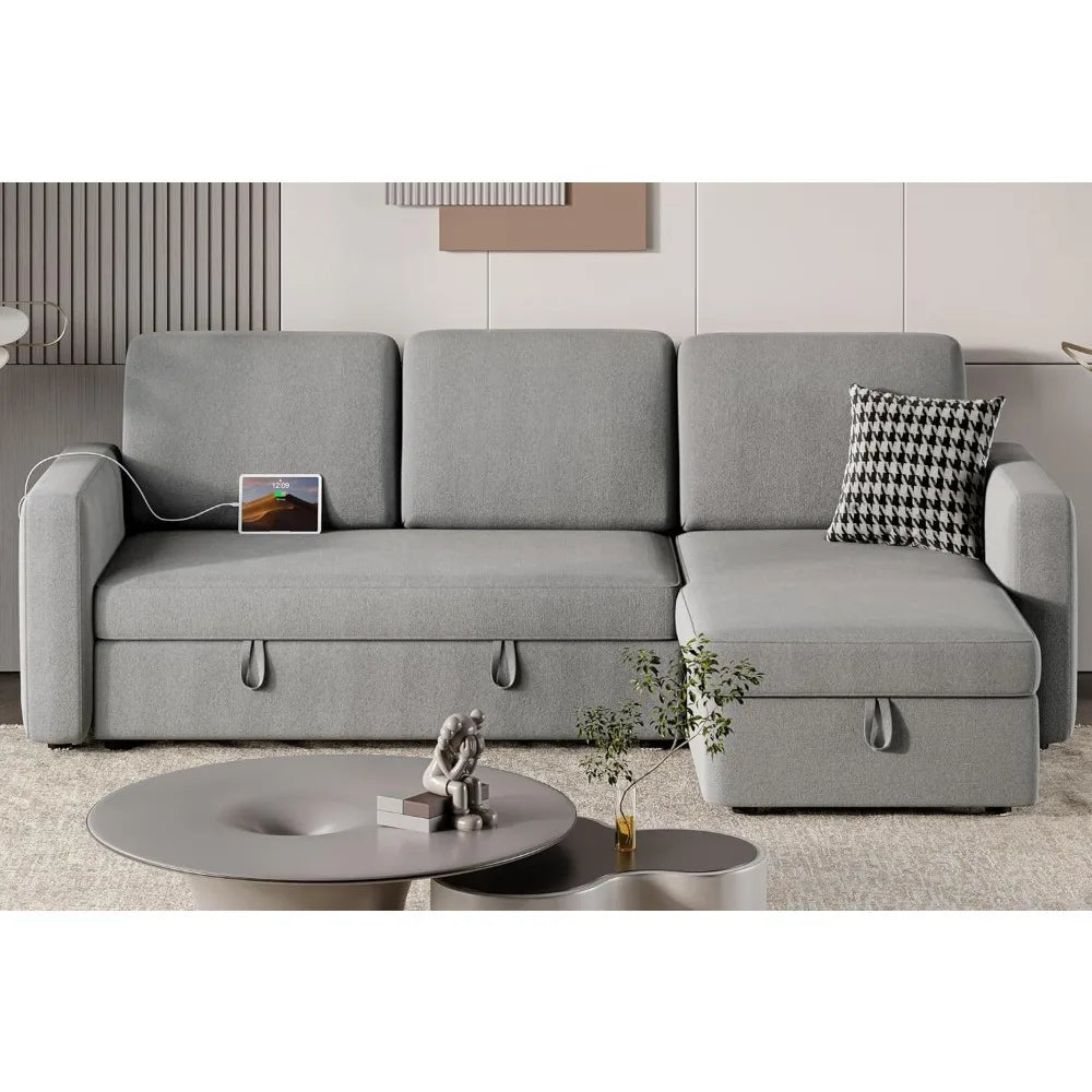 Sectional Sofa L-Shaped Sofa Couch Bed w/Chaise & USB, Reversible Couch Sleeper w/Pull Out Bed & Storage Space, 4-seat Fabric