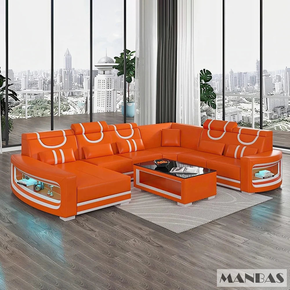 MANBAS Italian Genuine Leather Sofa - 2 Colors Combination, LED Light & Soft Cushions