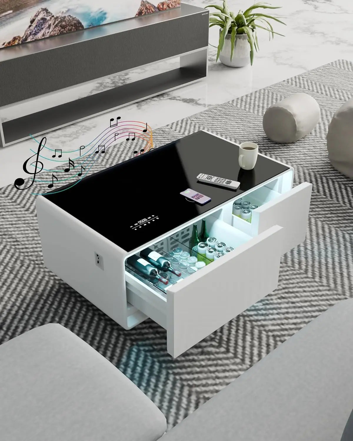 Smart Coffee Table, 23" D x 41.5" W x 18.1" H, Living Room Table with Built in Fridge and Speakers, Smart Table