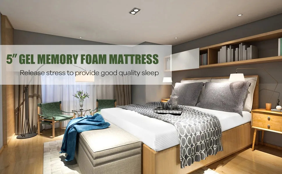 5 Inch Queen Gel Memory Foam Mattress Pressure Relieving, Cooling Gel Foam, CertiPUR-US Certified, Bed-in-a-Box, White