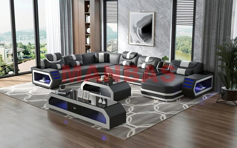 MANBAS Italian Genuine Leather Sectional Sofa with LED Lights | Futuristic Furniture U Shape Couch Living Room Big Sofas Set