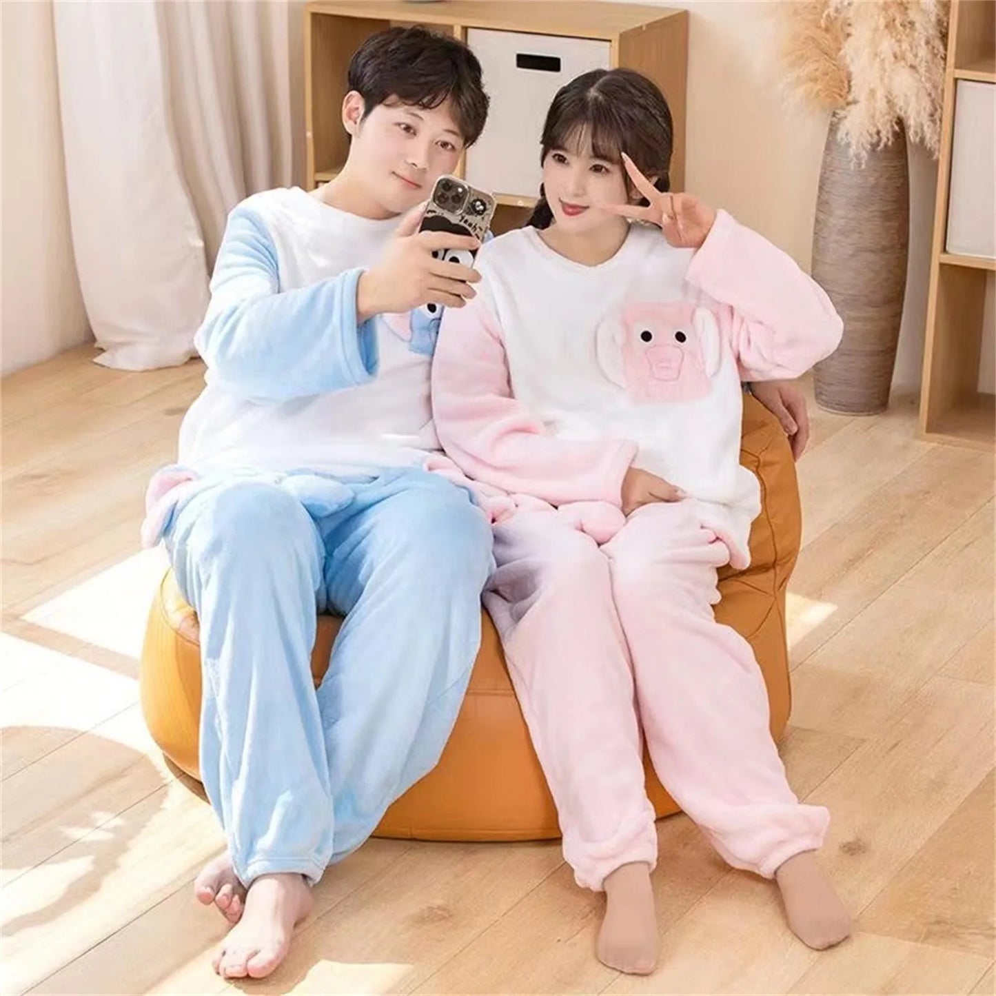 Funny Cartoon Men's Pajama Suits Couple Novelty Animal Elephant Ear Trunk Plush Long Sleeve Couple Clothes+Trousers Prank Gift