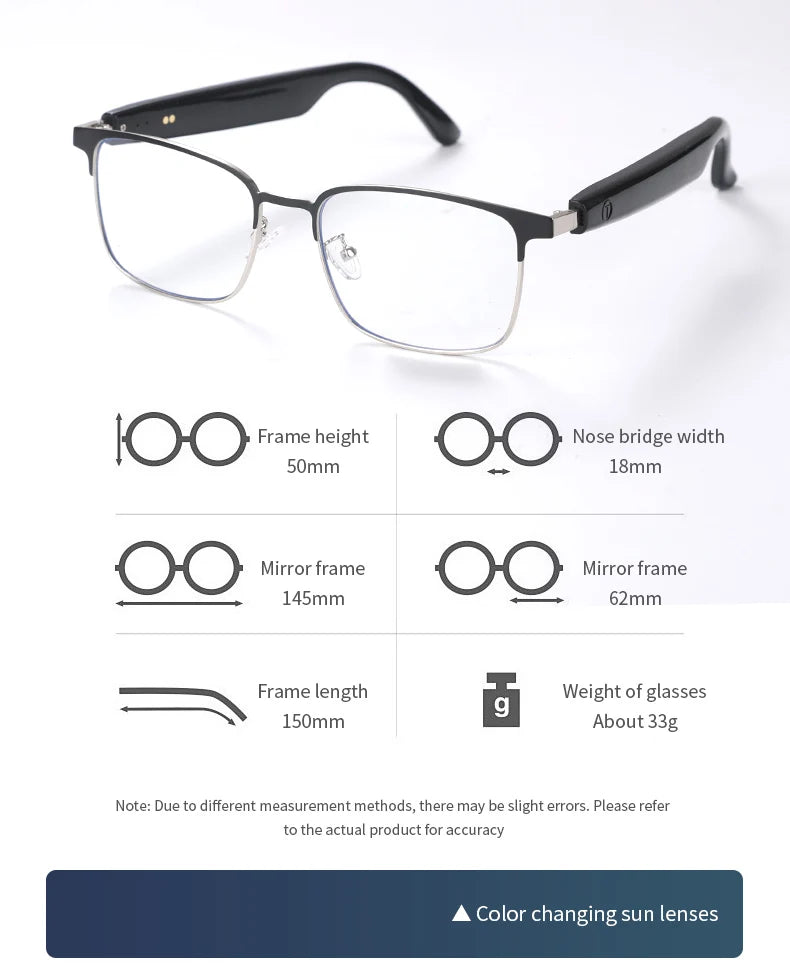 New smart glasses with auto-sensitive lenses, built-in microphone and speaker for sports, driving, fishing and everyday wear.