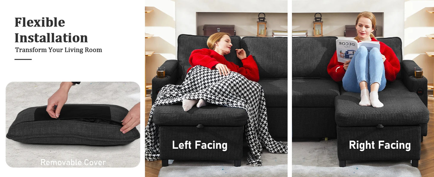 Sleeper Pull Out 2 in 1 Sectional Sleeper Sofa Couches with Storage,USB, Cup Holder,Pullout Sectional Couches