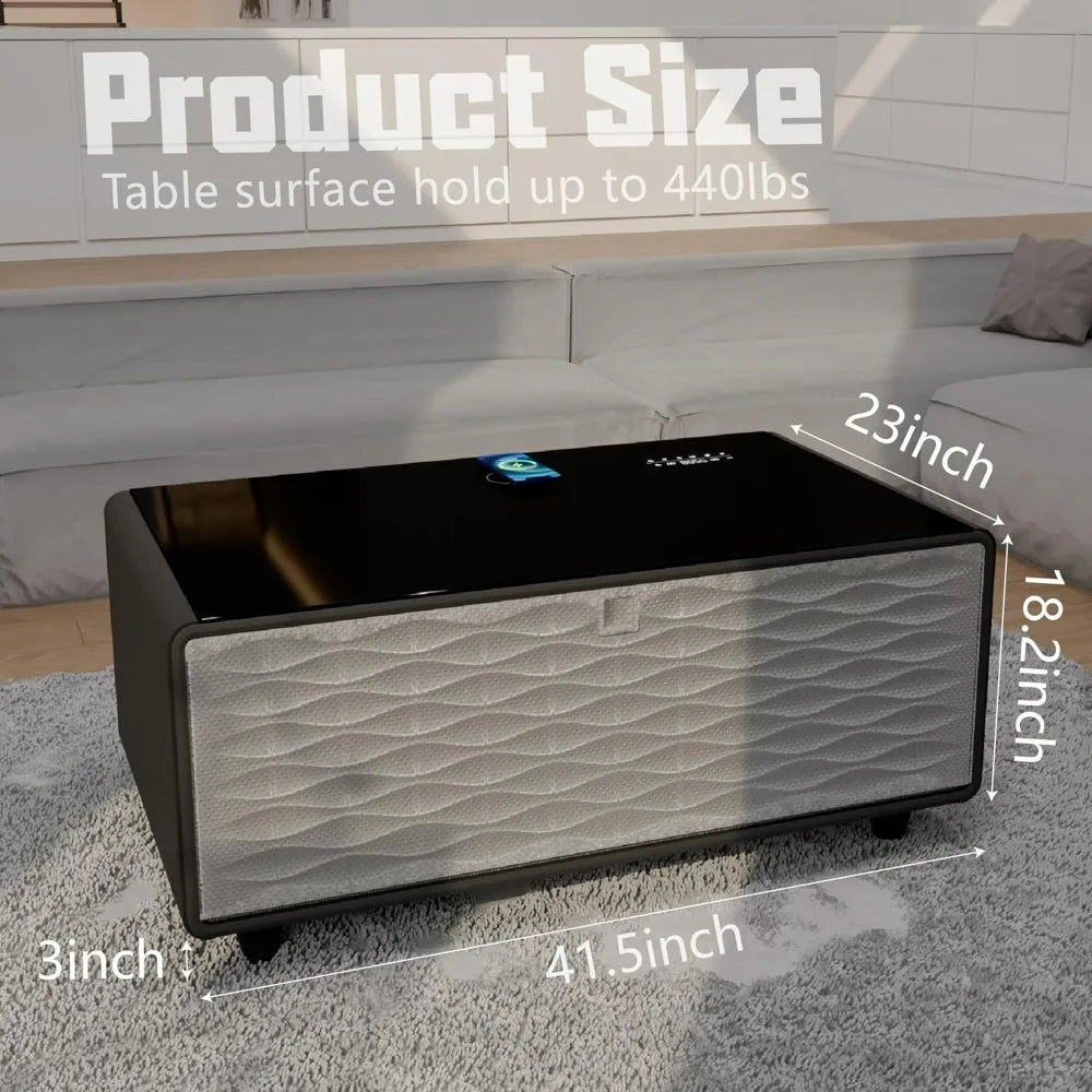Smart Coffee Table, Living Room Table with Built in Fridge, , 15W Wireless Charging, USB Chargers and Speakers