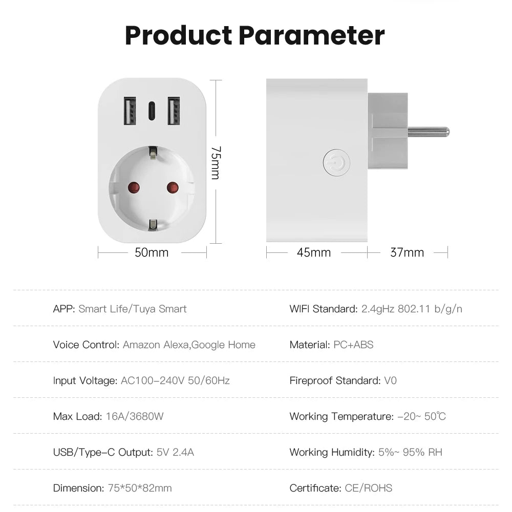 WiFi Smart Plug 16A Home Appliance Works with Alexa Google