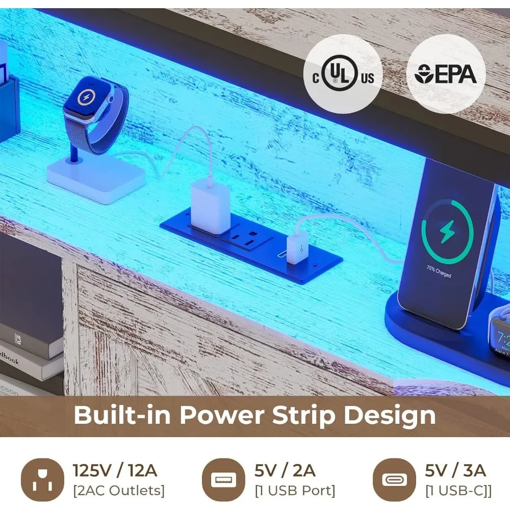 Full Bed Frame w RGB LED Lights & Hidden Storage Headboard, Full Metal Platform Bed with Type-C Charging Station and 4 Drawers