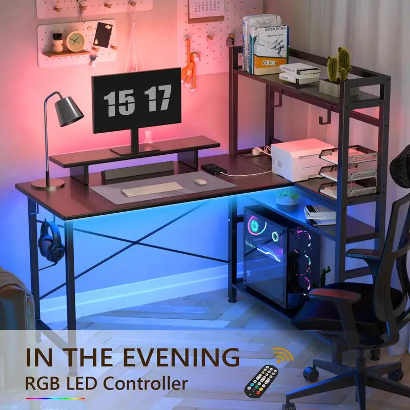Computer desk Gaming desk with shelves, L-shaped corner  55' Reversible  with charging connection,integrated socket