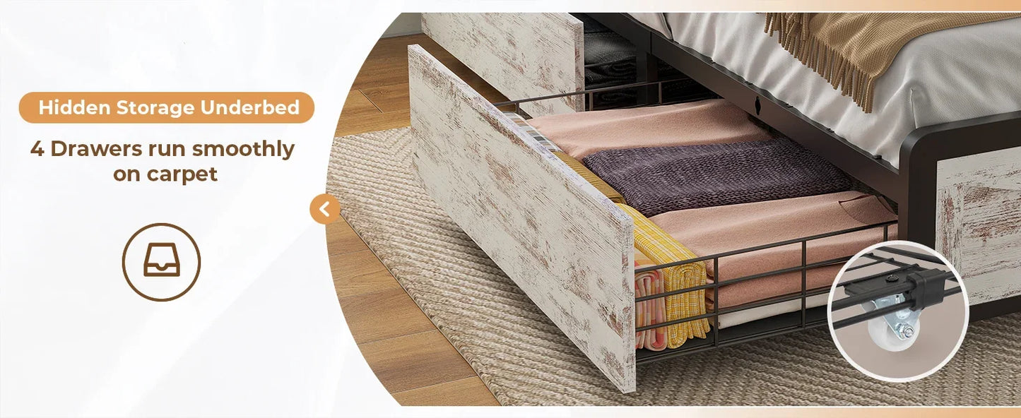 Full Bed Frame w RGB LED Lights & Hidden Storage Headboard, Full Metal Platform Bed with Type-C Charging Station and 4 Drawers