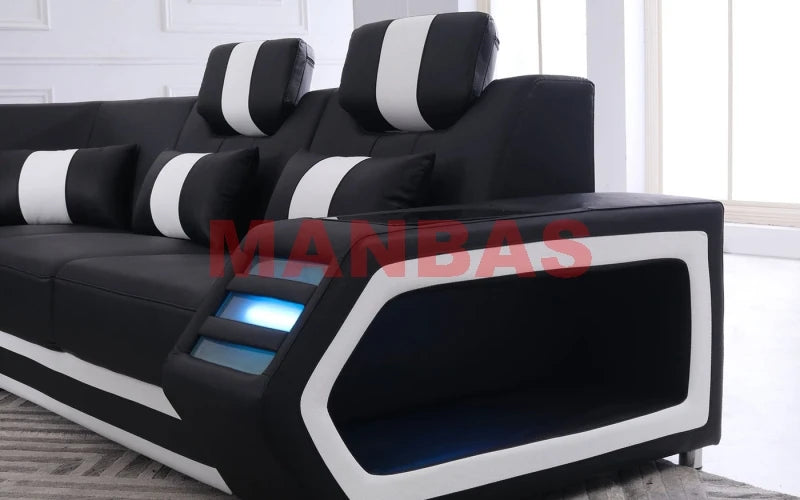 MANBAS Italian Genuine Leather Sectional Sofa with LED Lights | Futuristic Furniture U Shape Couch Living Room Big Sofas Set