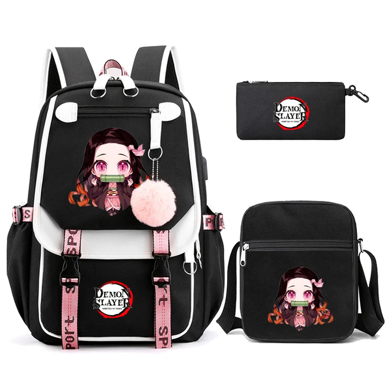 3Pcs Kamado Nezuko Demon Slayer Backpacks Set for Girls Anime School Bag Teenager Student Canvas Laptop Back Pack Women Rucksack