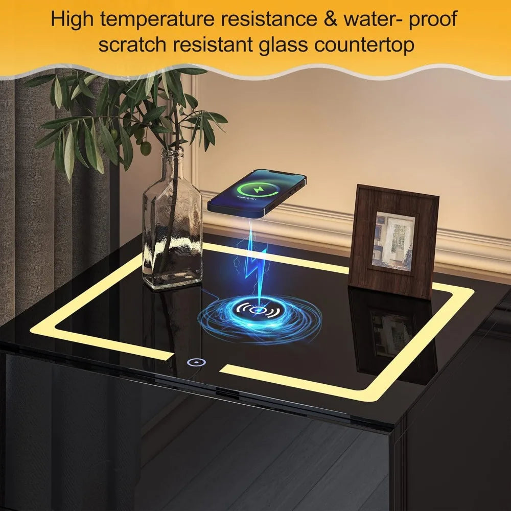 Nightstand with Wireless Charging Station & USB Charging, Smart Bedside Table with Adjustable LED Lights, End Table Organizer