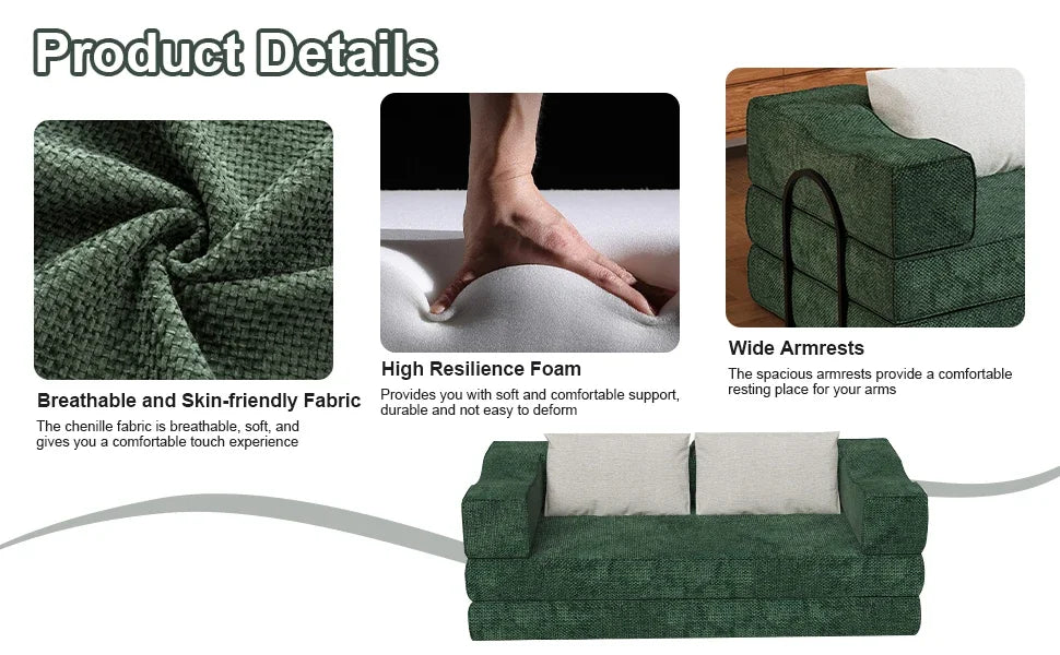 Folding Sofa Bed, 80 Inch Convertible Sofa Bed, with 2 Pillows, Folding Sofa, Foam Spring Floor Mattress