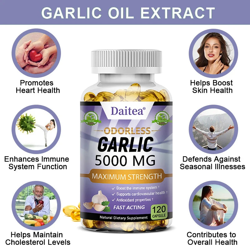 Daitea Garlic Extract Capsules 5000mg, Promotes Immunity, Heart and Skin Health, Supports Cardiovascular Health, Antioxidant